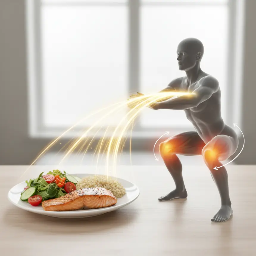 Balanced meal, healthy workout, strength training