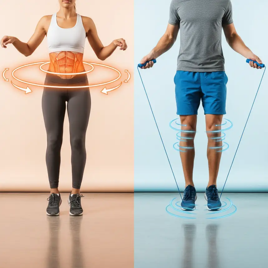 Hula hoop core exercise, jump rope cardio
