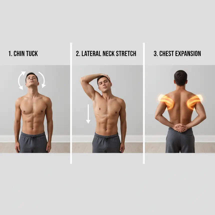 Chin tuck lateral neck stretch chest expansion