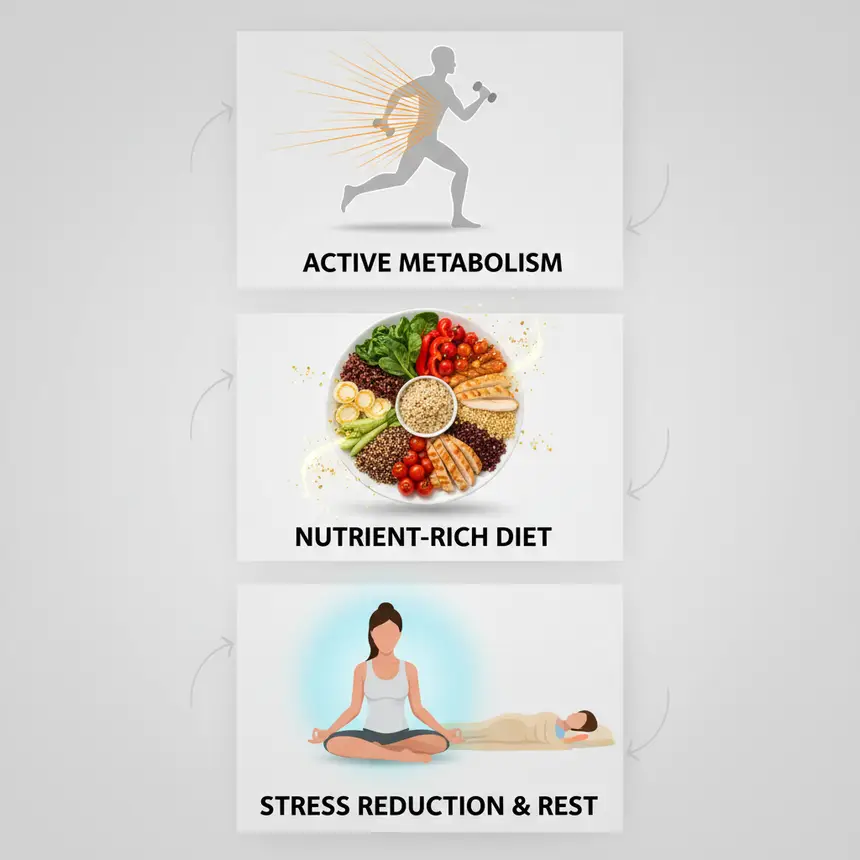 Healthy habits, exercise, balanced nutrition, stress management