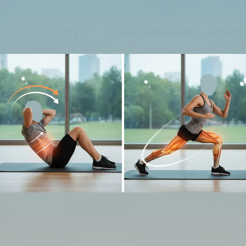 Crunch and cross lunge form