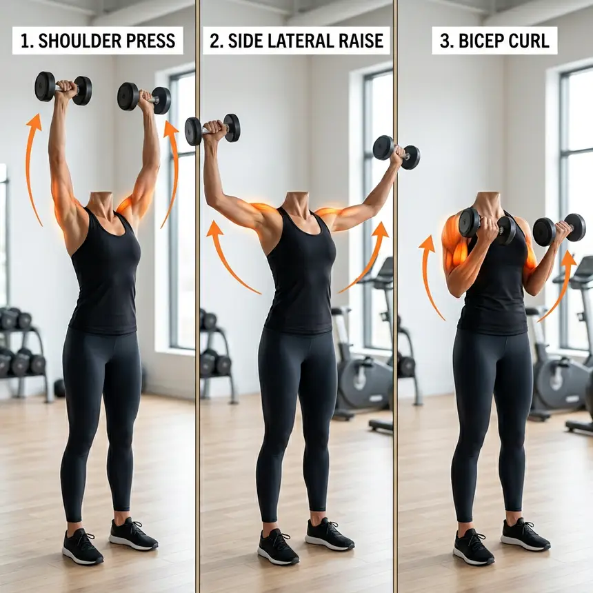 Dumbbell shoulder exercises, arm workout routine, muscle activation