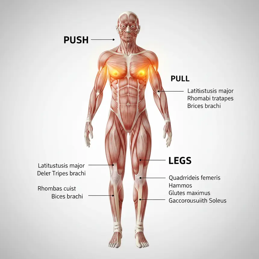 PPL split, muscle groups, workout areas