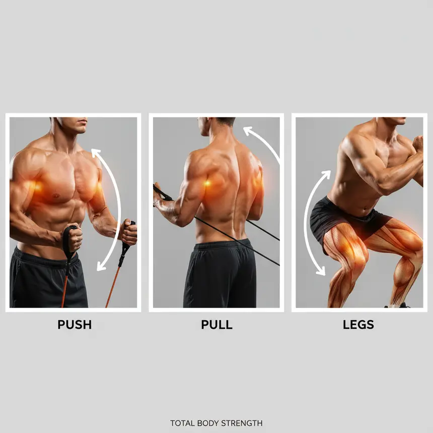 Push workout, Pull workout, Leg workout