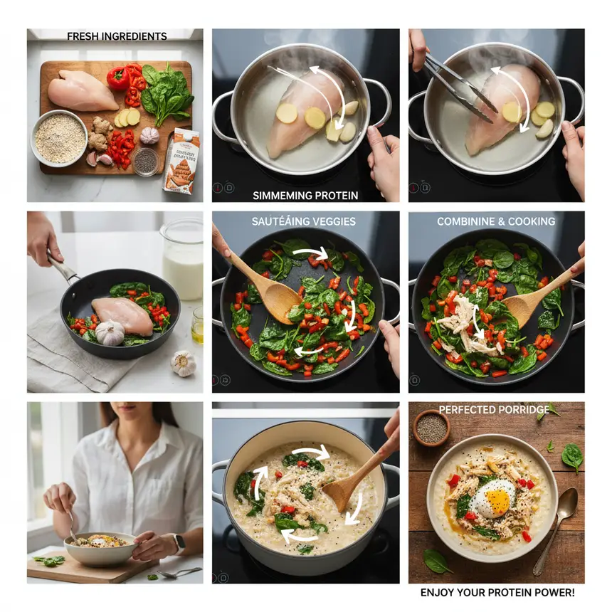 Protein porridge cooking steps, healthy breakfast recipe, meal prep